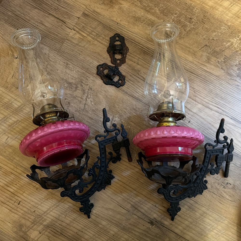 Cranberry Glass Wall Oil Lamps With Wrought Iron Swing Brackets Pair VTG